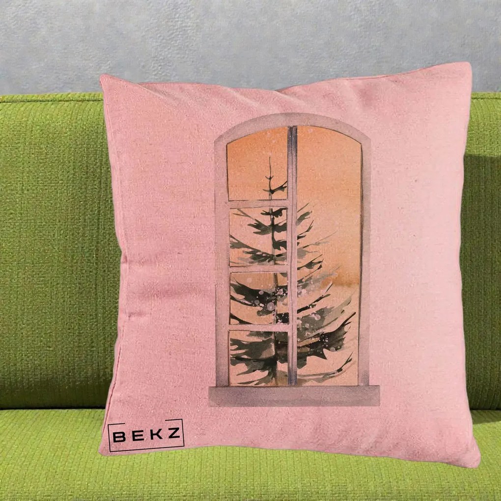 Perna Decorativa Fereastra cu Brad de Iarna, 40x40 cm, Roz, Husa Detasabila, Perna Inclusa, BEKZ®