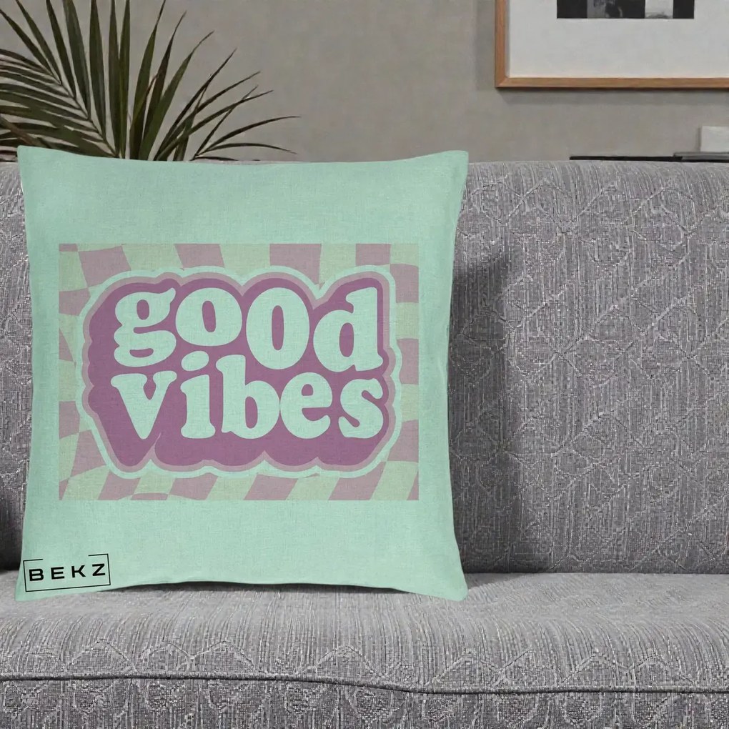 Perna Decorativa Good Vibes Retro Roz, 40x40 cm, Verde Menta, Husa Detasabila, Perna Inclusa, BEKZ®
