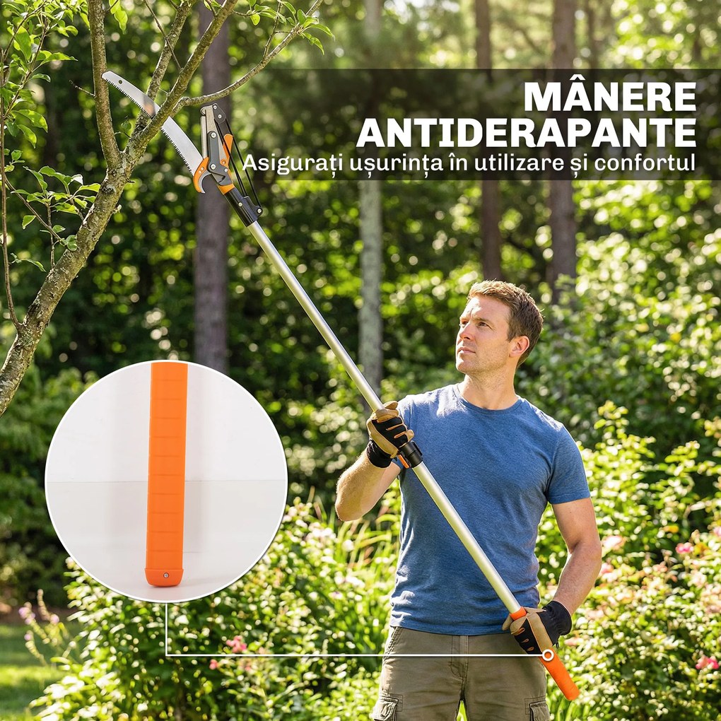 Outsunny Ferăstrău Manual 2-în-1 cu Tijă Telescopică din Aluminiu de 2-3 m, Ferăstrău de Tăiere și Foarfece cu Blocare de Siguranță | Aosom Romania