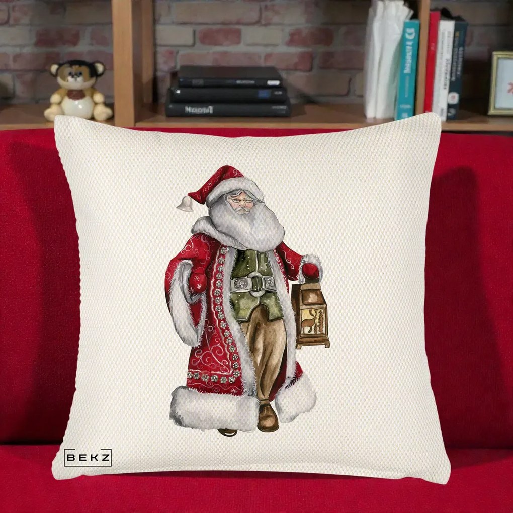Perna Decorativa Mos Craciun Vintage cu Felinar, 40x40 cm, Crem Reliefat, Husa Detasabila, Perna Inclusa, BEKZ®