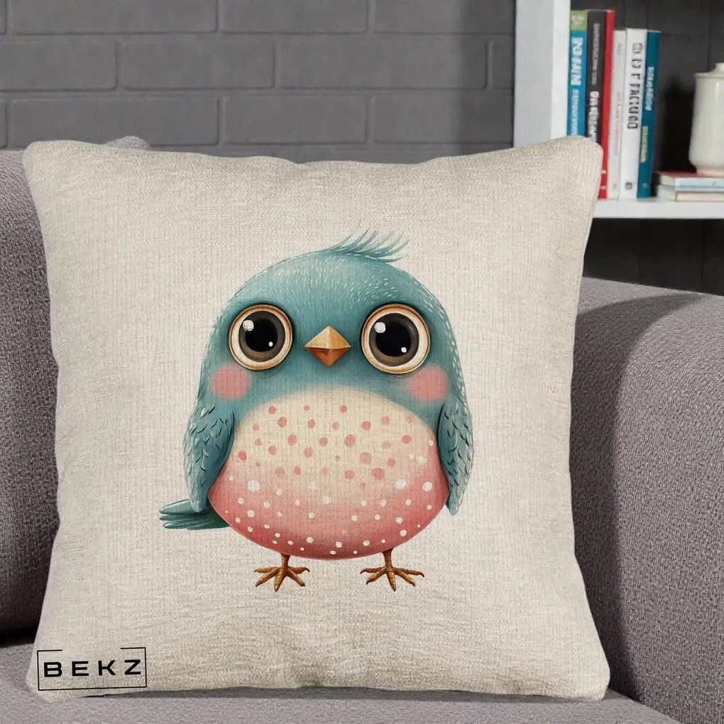 Perna Decorativa Pasare Teal-Roz cu Pete, 40x40 cm, Bej Canapea, Husa Detasabila, Perna Inclusa, BEKZ®