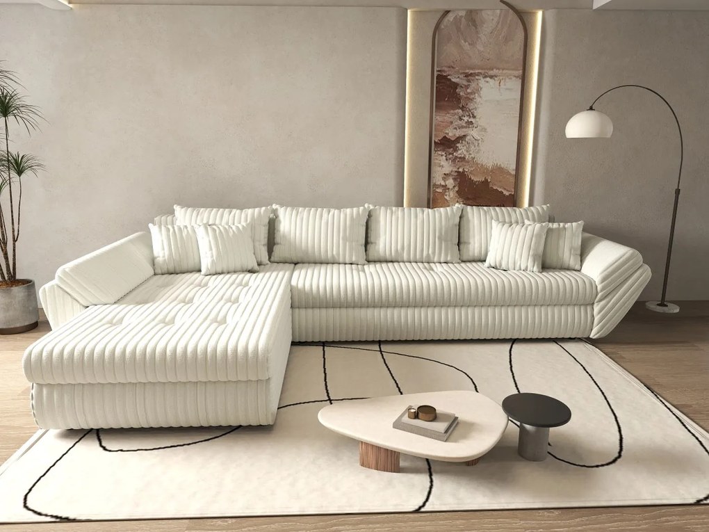 Colțar extensibil dumonde cu ladă de depozitare si sezut confortabil din spuma high-density, Loana XL Ambience Ivory 335x185 cm