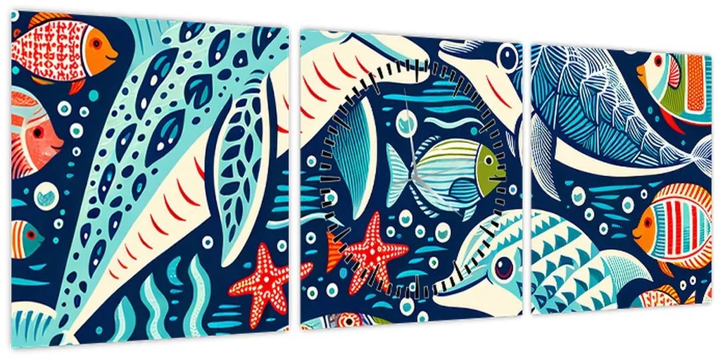 Tablou – Animale acvatice desenate (cu ceas) (90x30 cm)
