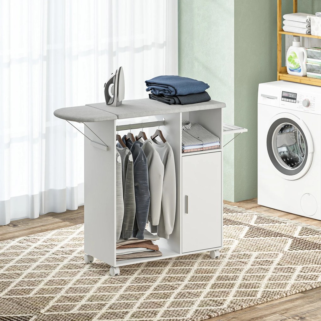 HOMCOM Dulap Multifuncțional cu Masă de Călcat | Blat din Tesatura Efect In | 3 Rafturi | Ghidaj pentru Agățat | 127x42.5x99 cm | Alb | Aosom Romania