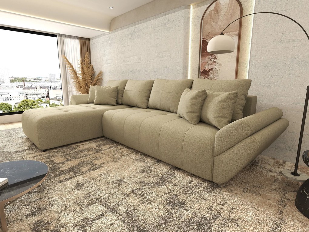 Colțar extensibil dumonde cu ladă de depozitare si sezut confortabil din spuma high-density, Berlin XL Enjoy Camel 350x185 cm