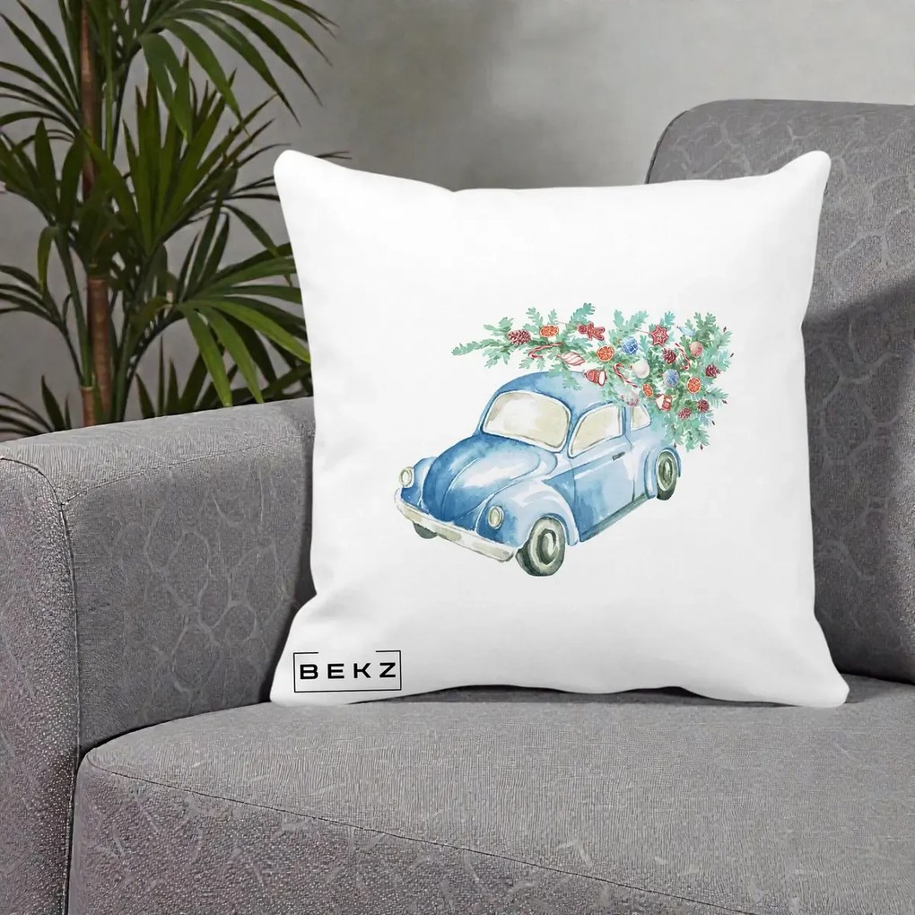 Perna Decorativa Masinuta Albastra cu Brad de Craciun, 40x40 cm, Alba Mata, Husa Detasabila, Perna Inclusa, BEKZ®