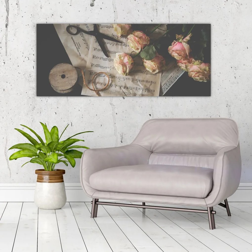 Tablou cu note muzicale și trandafiri (120x50 cm)