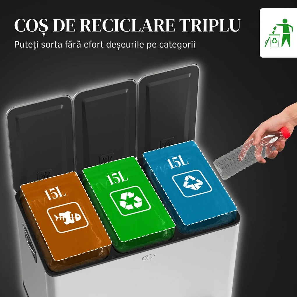 HOMCOM Pubelă de reciclare 45L cu 3 compartimente și închidere silențioasă, din oțel inoxidabil și PP, 61.9x36.6x43.2 cm, argintiu | Aosom Romania