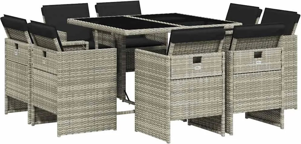 vidaXL Set mobilier grădină cu perne, 9 piese, gri deschis, poliratan