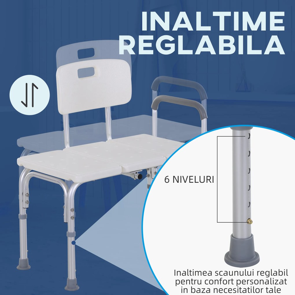 HOMCOM Scaun de Duș cu Înălțime Reglabilă pe 6 Nivele, Picioare și Brațe Antiderapante, 74x53x80-92 cm, Alb | Aosom Romania