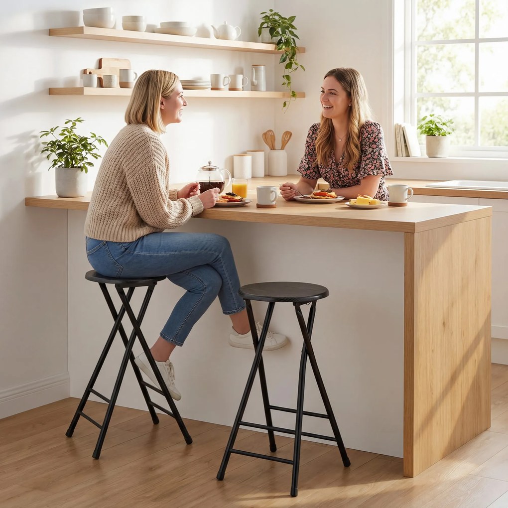 HOMCOM Set 2 Scaune de Bar Pliabile, Scaune de Bucătărie Înalte Rotunde cu 2 Suporturi pentru Picioare, Structură din Lemn și Oțel, Scaune de Bar, pentru Insulă, Negru | Aosom Romania