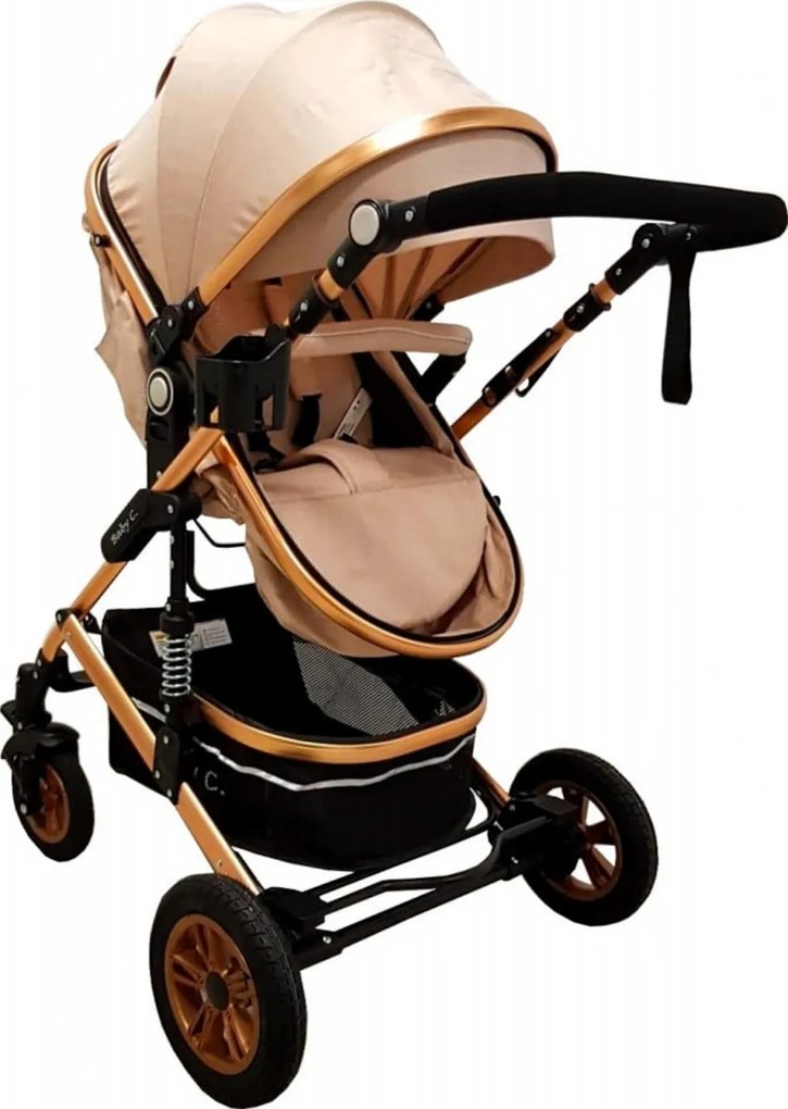 Carucior nou nascuti 3 in 1 Baby Care™ PRO 531 , Cu geanta Bebe inclusa, Cadru Aluminiu Gold, Amortizoare, Roti din cauciuc plin AVE, Landou, Scoica