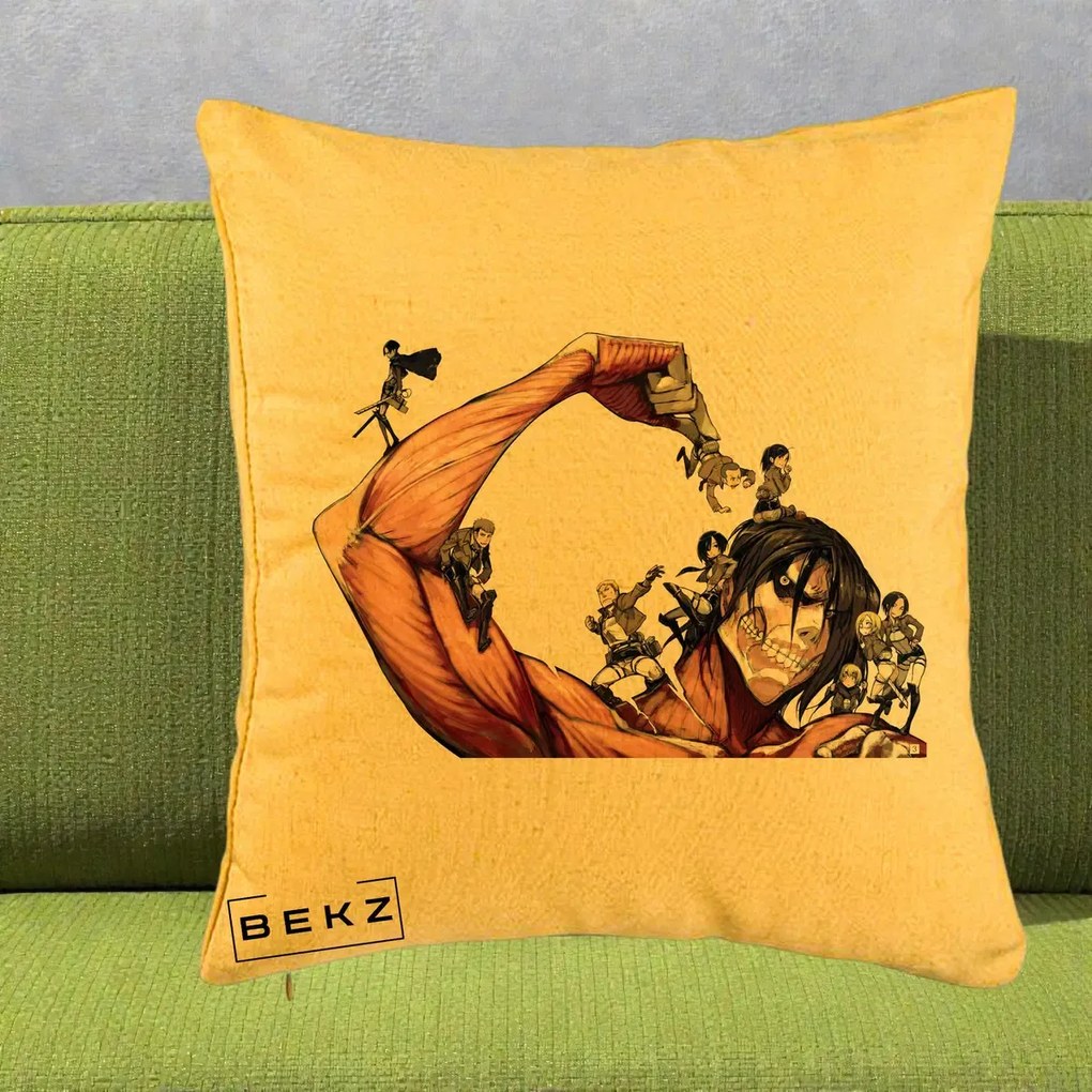 Perna Personalizata Attack on Titan Eren Titan Grup, 40x40 cm, Galben, Husa Detasabila, Perna Inclusa, BEKZ®