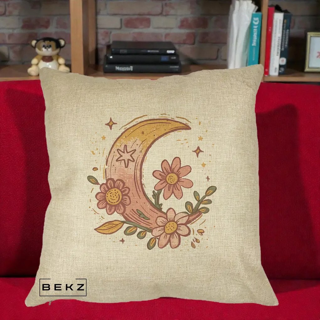 Perna Decorativa Luna Florala Boho, 40x40 cm, Crem, Husa Detasabila, Perna Inclusa, BEKZ®