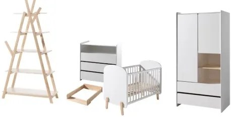 Set KIDDY este compusă dintr-un Pat copii pentru copii (60x120), comodă cu 3 sertare cu schimbător, Dulap camera copii cu 2 uși și bibliotecă.
