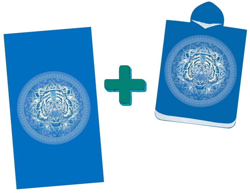 Set de plaja TIGER – prosop 100×180 cm si poncho 80×145 cm, albastru