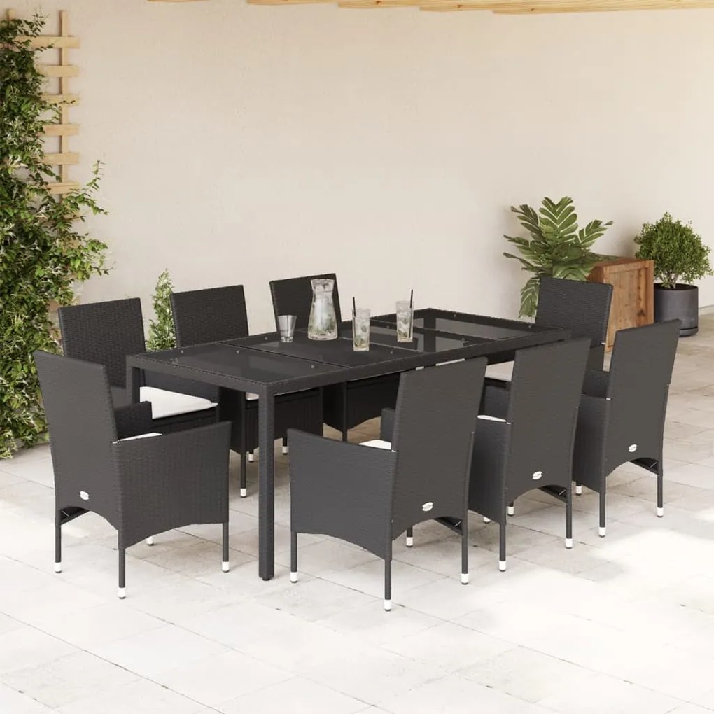 vidaXL Set mobilier de grădină cu perne 9 piese negru poliratan&amp;sticlă