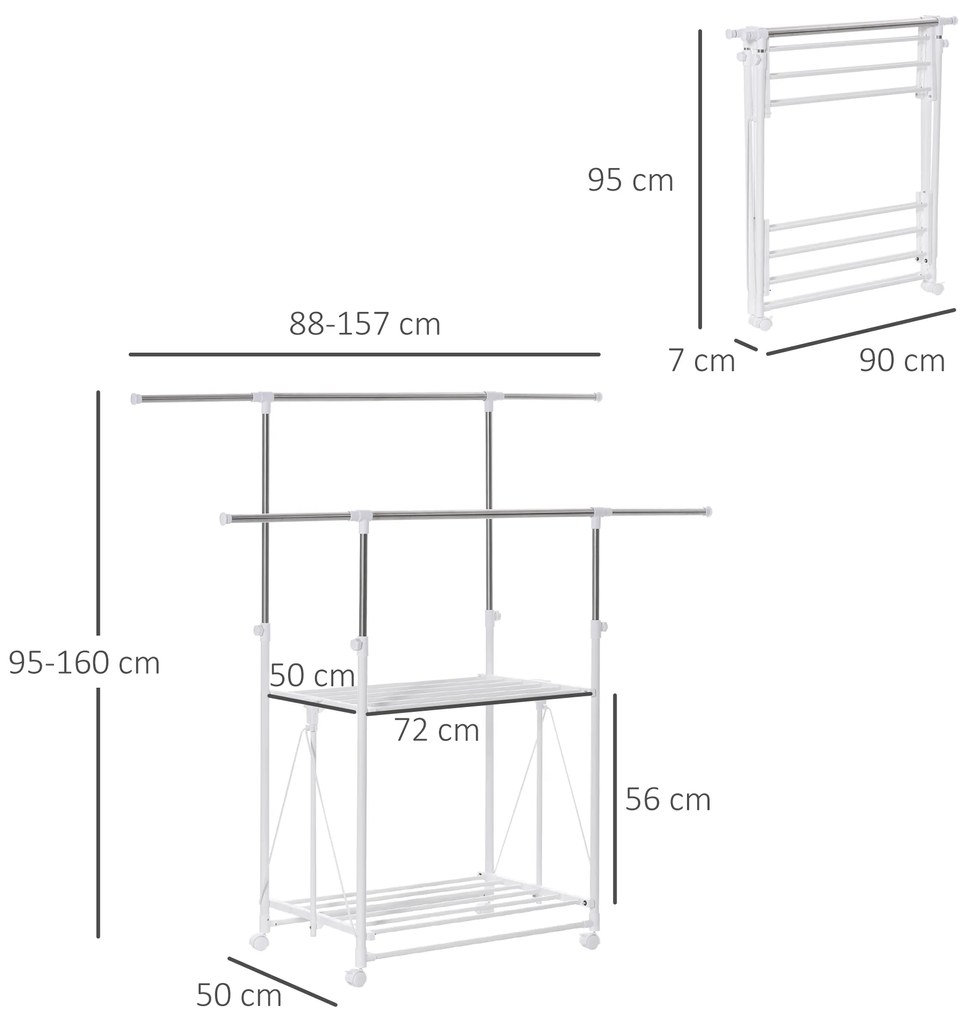 HOMCOM Suport pentru Îmbracaminte şi pentru Rufe Extensibil, 2 Paliere, Înaltime reglabila şi Roţi, 88-157x50x95-160cm, Alb