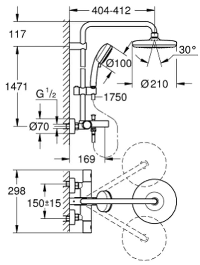 Coloana de dus crom cu baterie termostatata Grohe New Tempesta Cosmopolitan 210