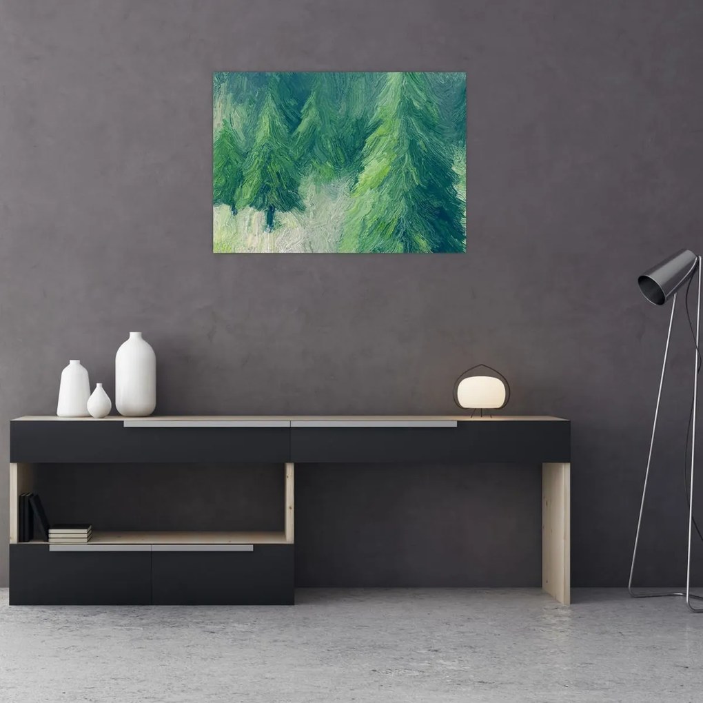 Tablou pe sticlă - Conifere pictate (70x50 cm)