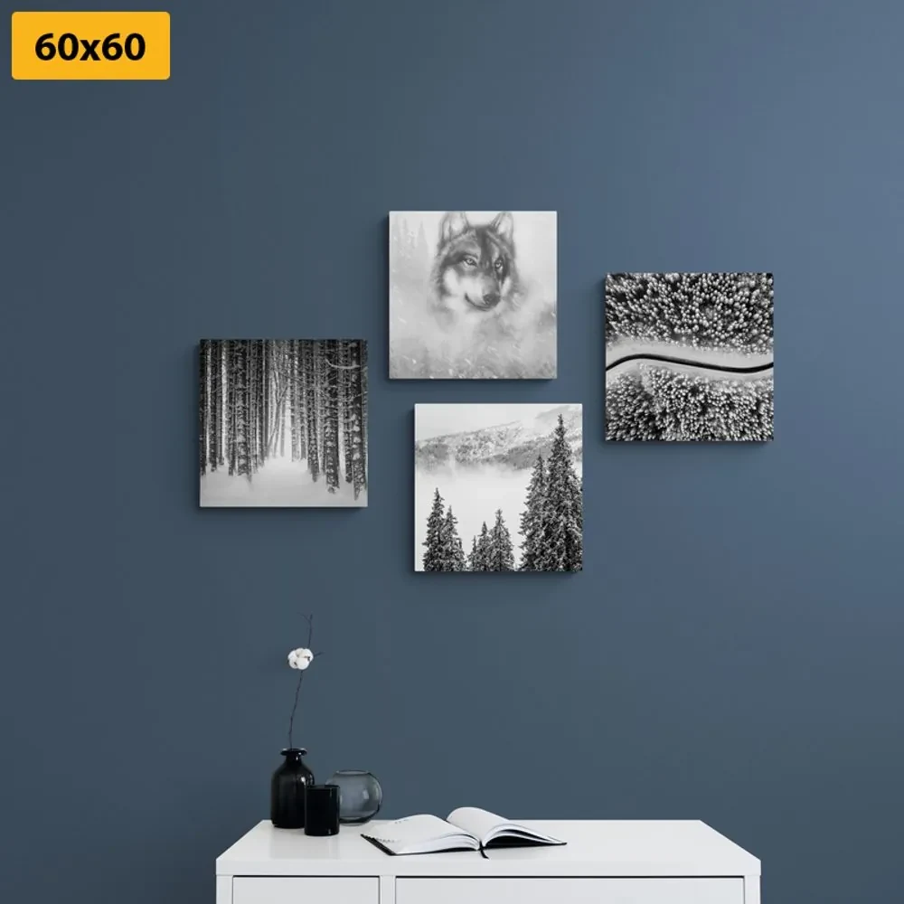 Set tablouri lupul în pădure misterioasă în design alb-negru