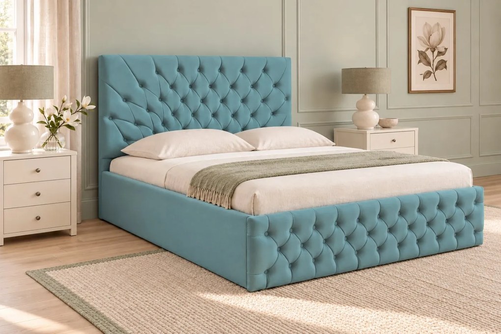 Pat tapițat Chesterfield din catifea Venezia 160×200 cm, verde marin, cu ladă de depozitare