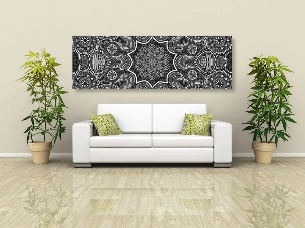 Tablou Mandala indiană cu model floral în design alb-negru