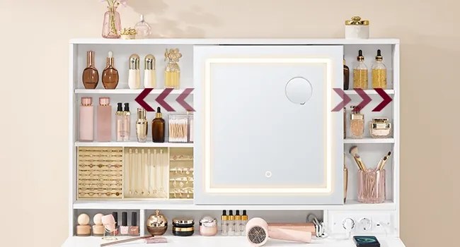 Masuta machiaj cu Oglinda LED si 9 Sertare pentru Cosmetice, Set Masa toaleta 110 cm, Alb, masuta cosmetica, vanity - SEA822