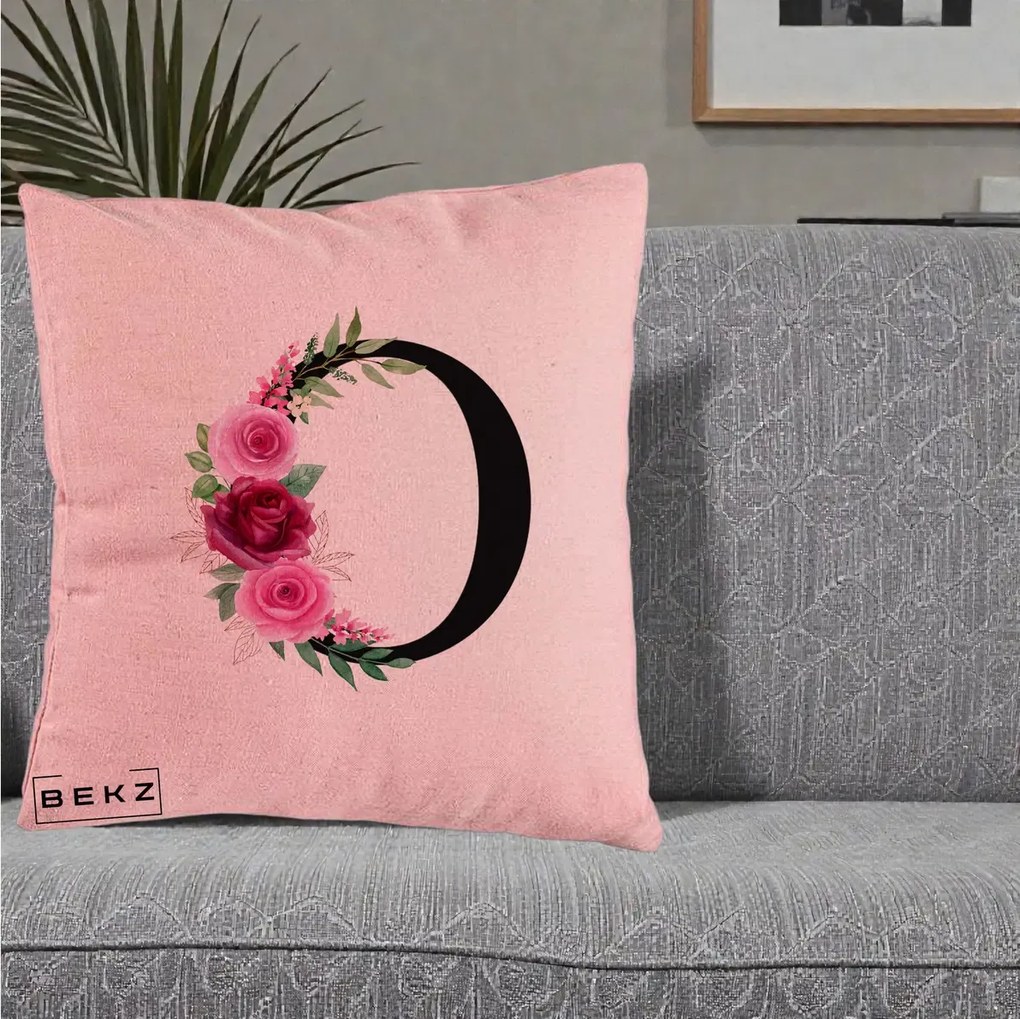 Cadou Personalizat - Perna Personalizata Monograma Florala Litera O, 40x40 cm, Roz, Husa Detasabila, Perna Inclusa, BEKZ®