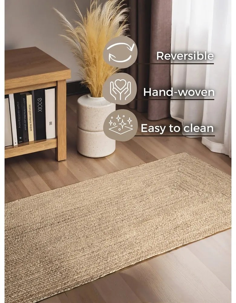 Covor tip traversă culoare naturală deschisă reversibil, țesut manual din iută 80x200 cm Sharmila Natural White – Hanse Home