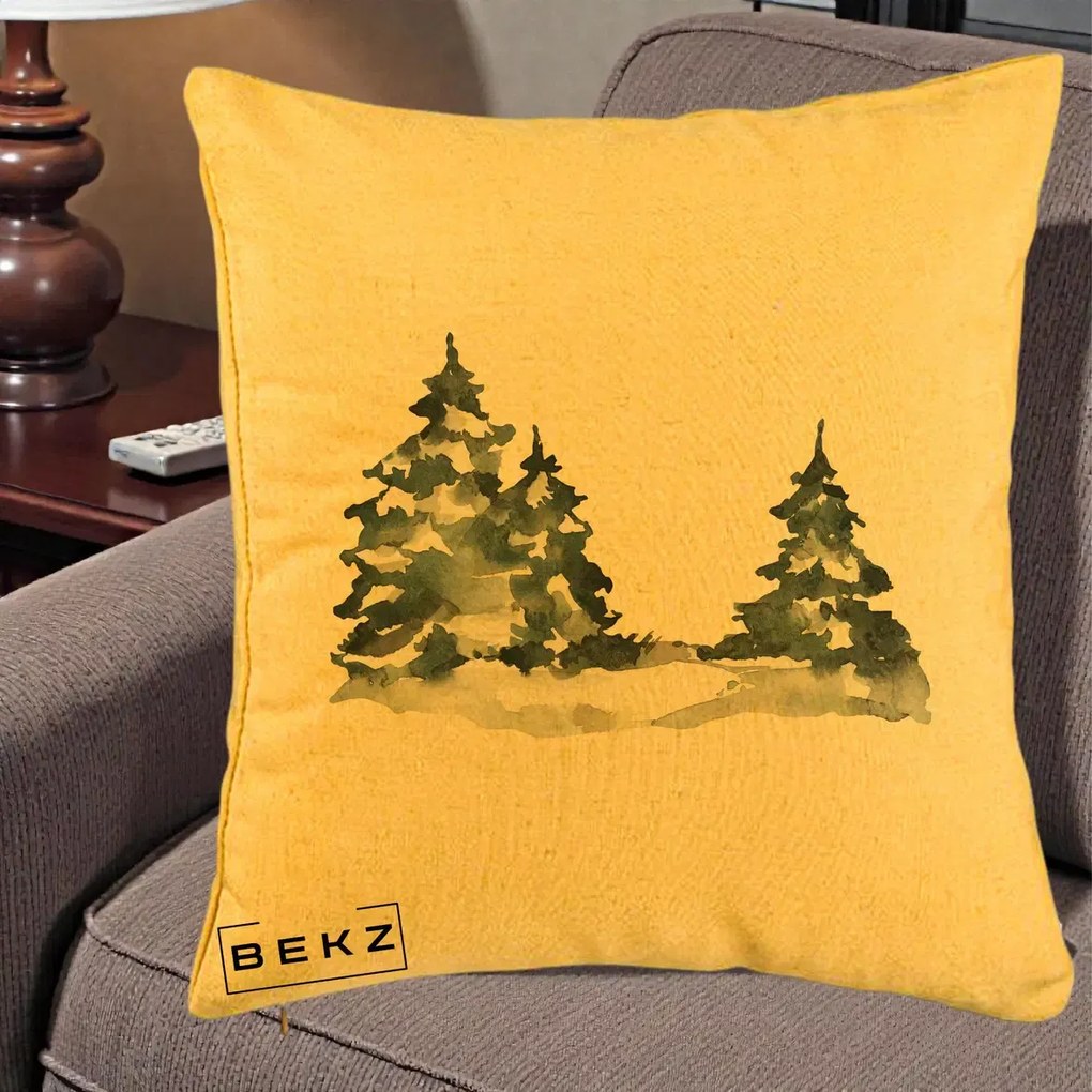 Perna Decorativa Brazi Inzapeziti Acuarela, 40x40 cm, Galben, Husa Detasabila, Perna Inclusa, BEKZ®