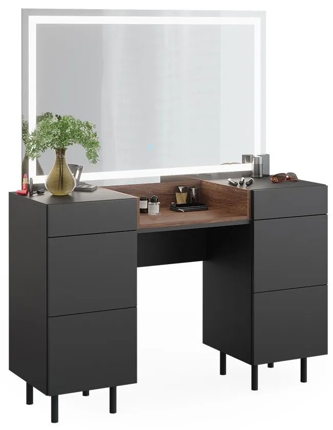 SEG216 - Set Masa toaleta 120 cm cosmetica machiaj, oglinda cu LED, masuta vanity cu sau fara scaun - Gri Antracit - Maro