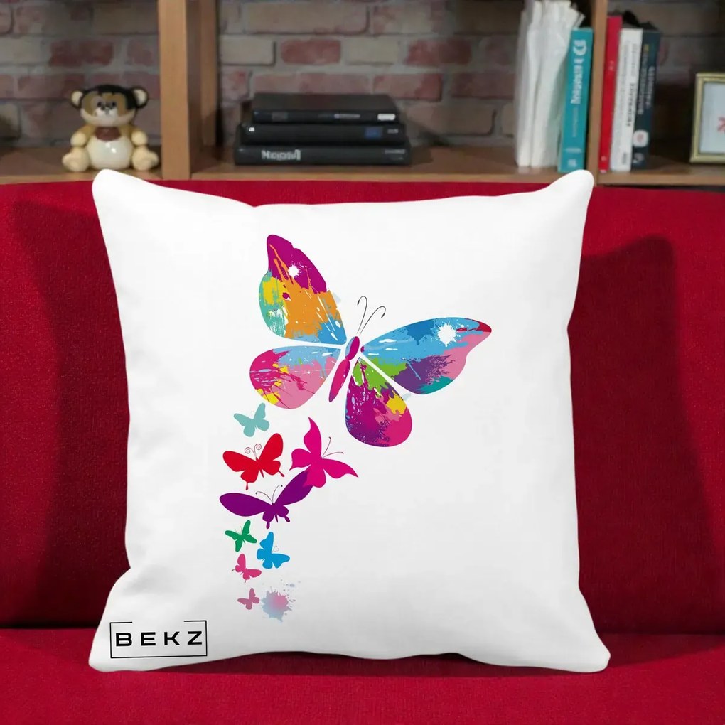 Perna Decorativa Fluturi Splash, 40x40 cm, Alba Mata, Husa Detasabila, Perna Inclusa, BEKZ®