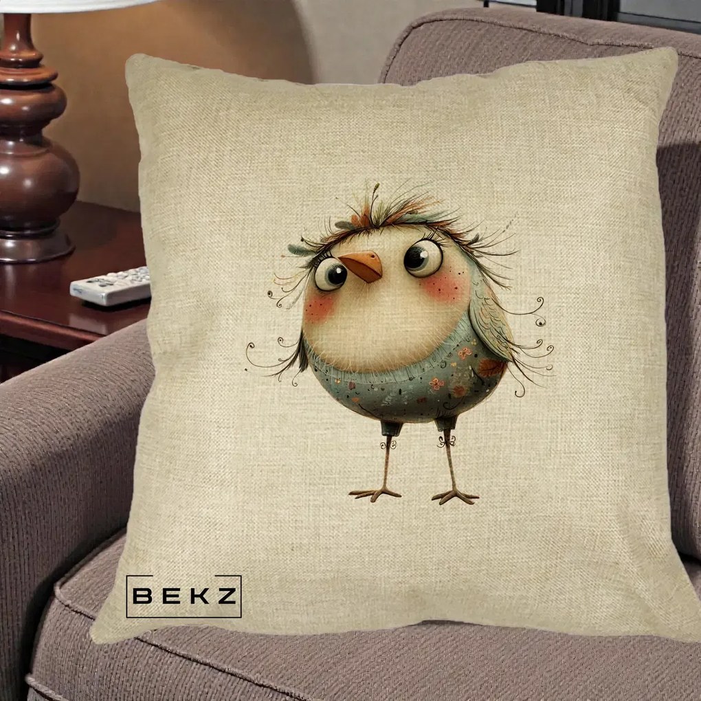 Perna Decorativa Pasare cu Penaj Zbarlit si Gene, 40x40 cm, Crem, Husa Detasabila, Perna Inclusa, BEKZ®