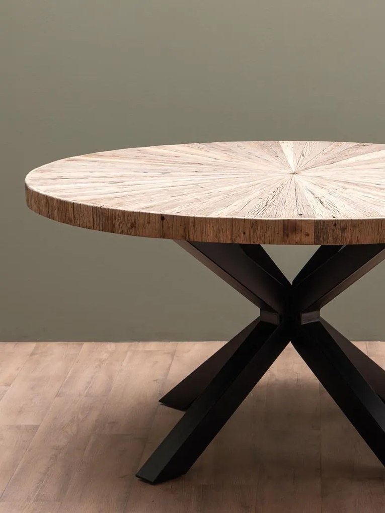 Masă dining rotundă din lemn reciclat, maro, 6–8 locuri, cu bază centrală din metal, 77 x 150 cm, „Asturias”