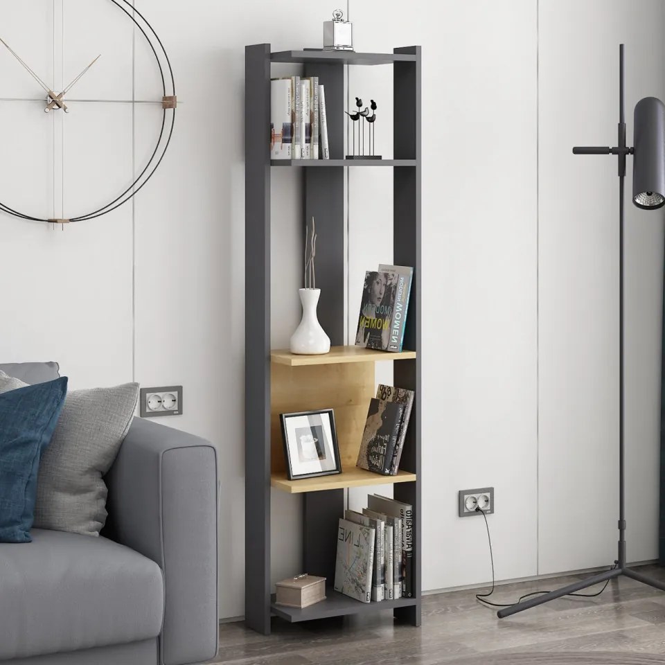 Biblioteca Abis Narrow, PAL Melaminat, Gri Antracit / Stejar