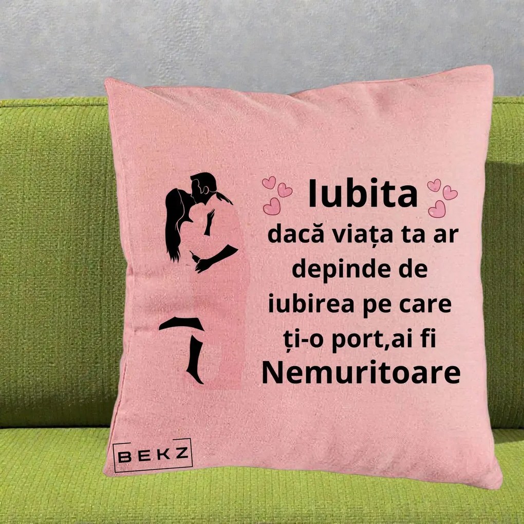Cadou pentru Iubita - Perna Personalizata Iubita Nemuritoare cu Siluete de Cuplu, 40x40 cm, Roz, Husa Detasabila, Perna Inclusa, BEKZ®