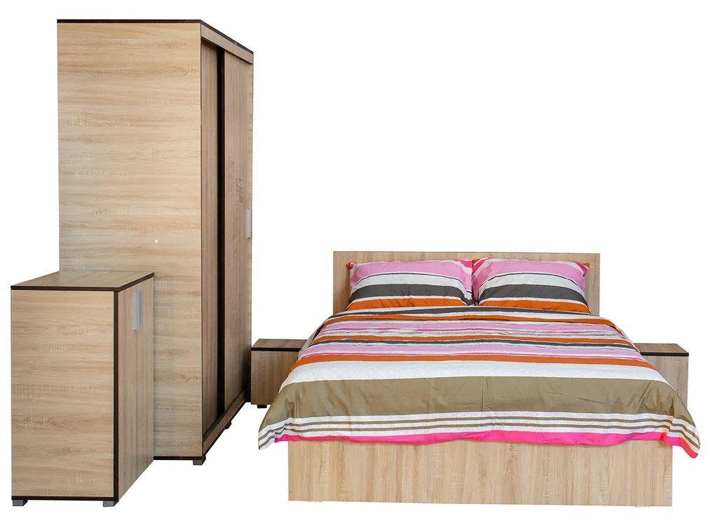 Set dormitor CORINNE, 5 piese, pat 160x200 cm, dulap usi glisante, 2 noptiere, comoda, sonoma deschis, cant sonoma inchis