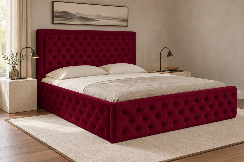 Pat tapițat Chesterfield din catifea Ophelia Deluxe 160×200 cm, vișiniu, cu ladă de depozitare