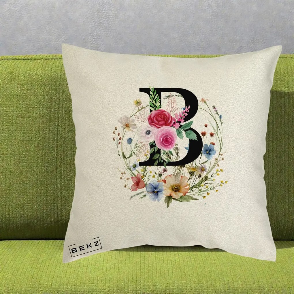 Cadou Personalizat - Perna Personalizata Monogram Litera B cu Flori Acuarela, 40x40 cm, Ecru, Husa Detasabila, Perna Inclusa, BEKZ®