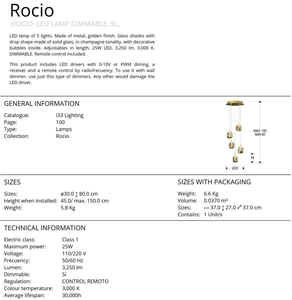Lustra LED dimabila cu telecomanda ROCIO 5L, auriu SV-783529D