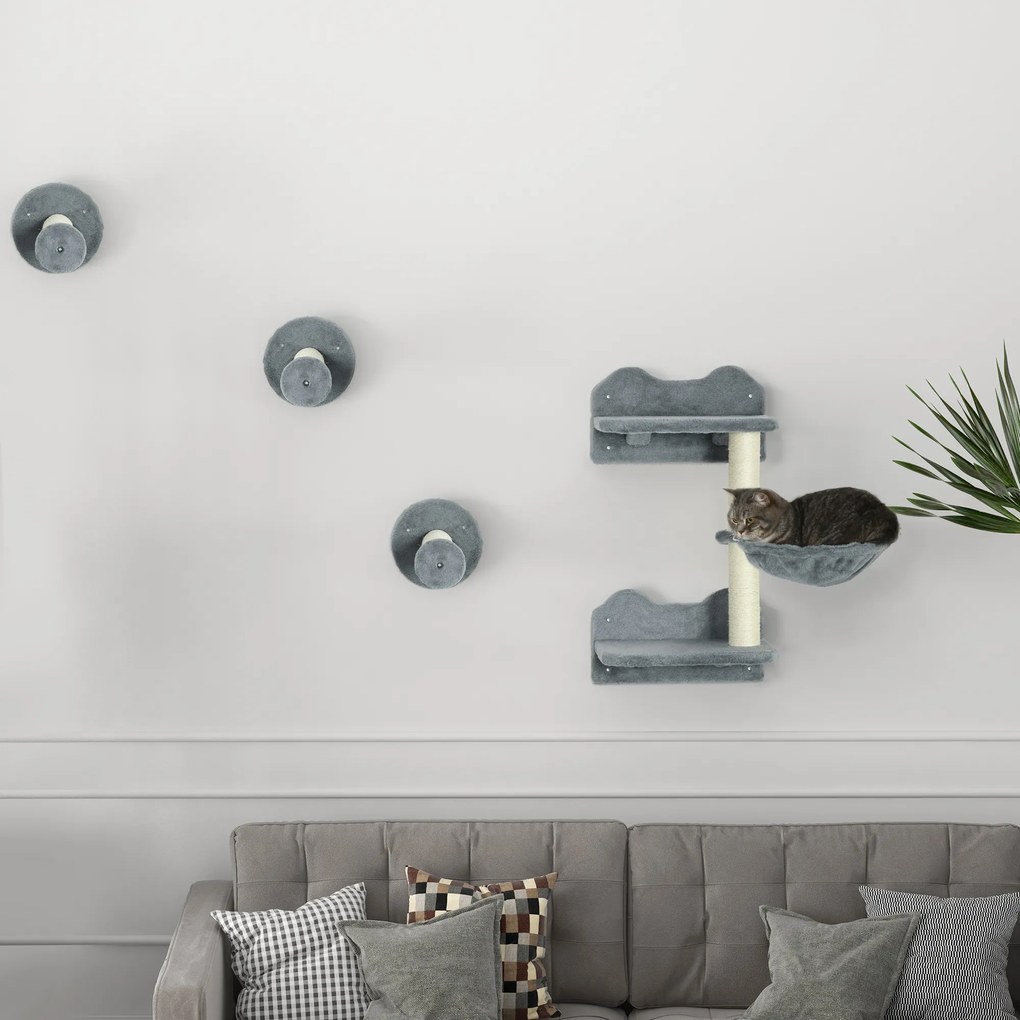 PawHut Trepte de Cățărat, Perete de Cățărat, Scară de Pisici, Set de 4 Piese, cu Copaci de Zgâriat, Hamacă, gri+crem, 40 x 28 x 73 cm | Aosom Romania