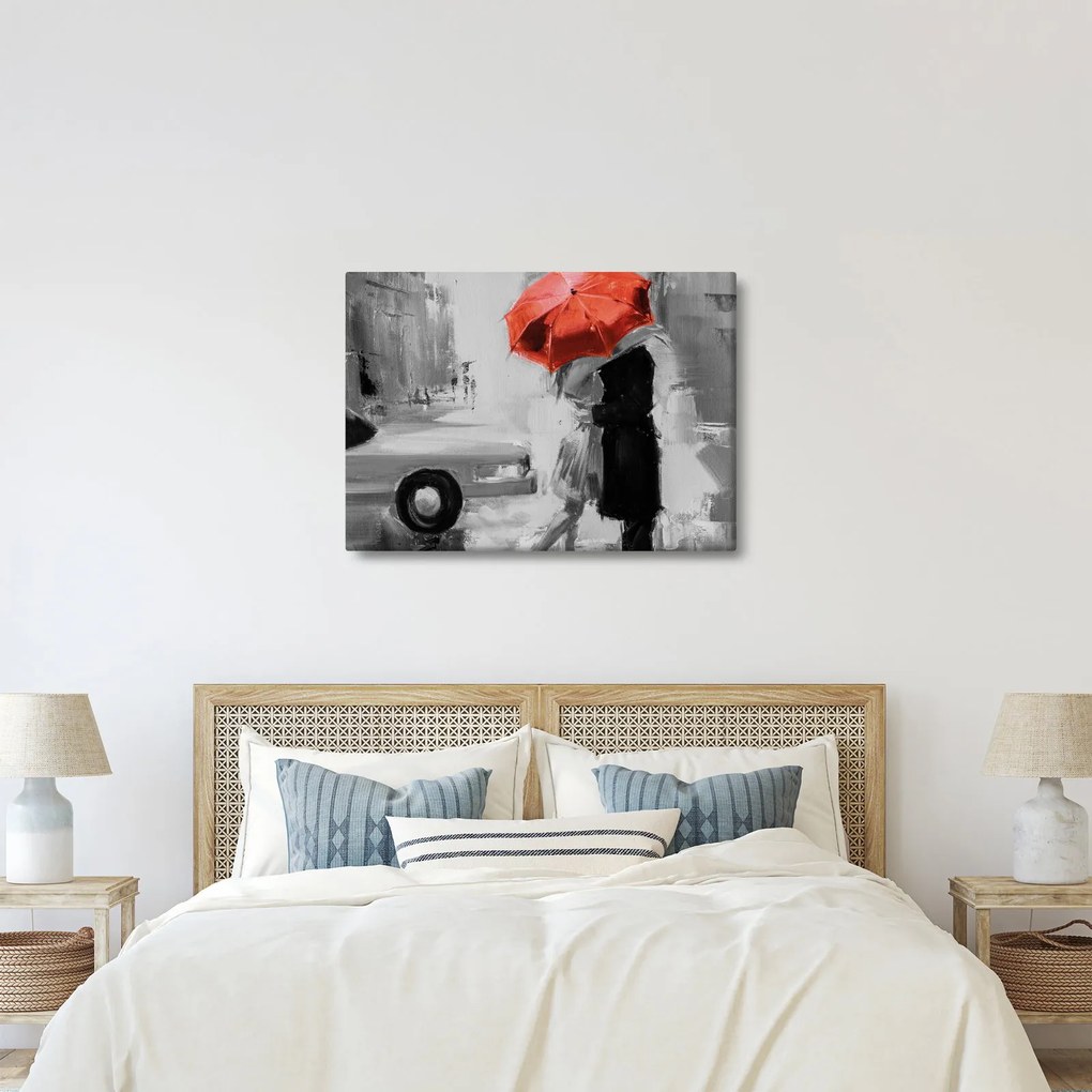 Tablou - Cuplu în dragoste sub o umbrelă, roșu (70x50 cm)