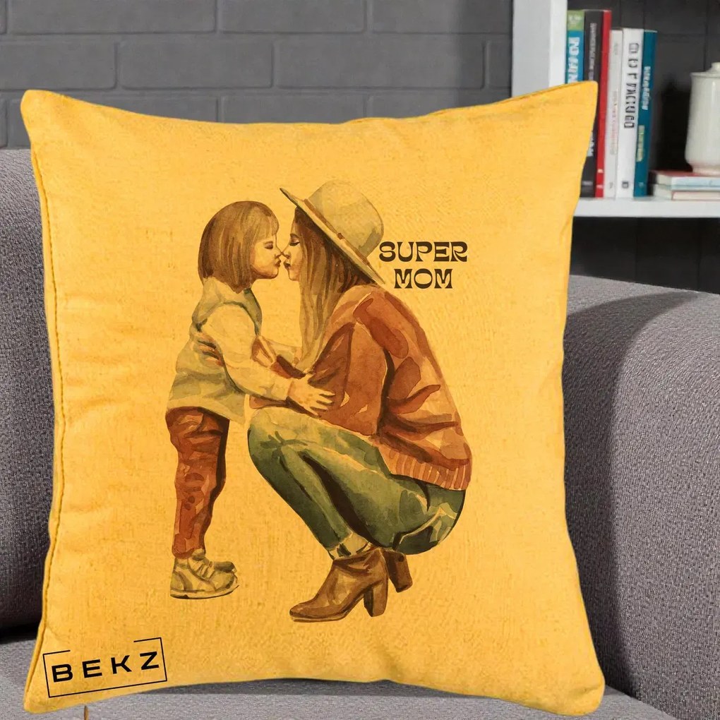 Cadou pentru Mama - Perna Personalizata Super Mom Acuarela, 40x40 cm, Galben, Husa Detasabila, Perna Inclusa, BEKZ®