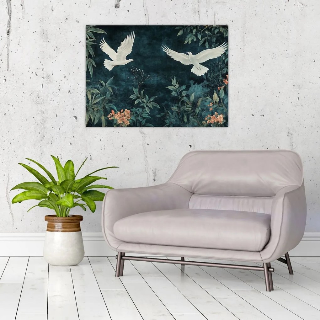 Tablou pe sticlă - Două porumbei (70x50 cm)