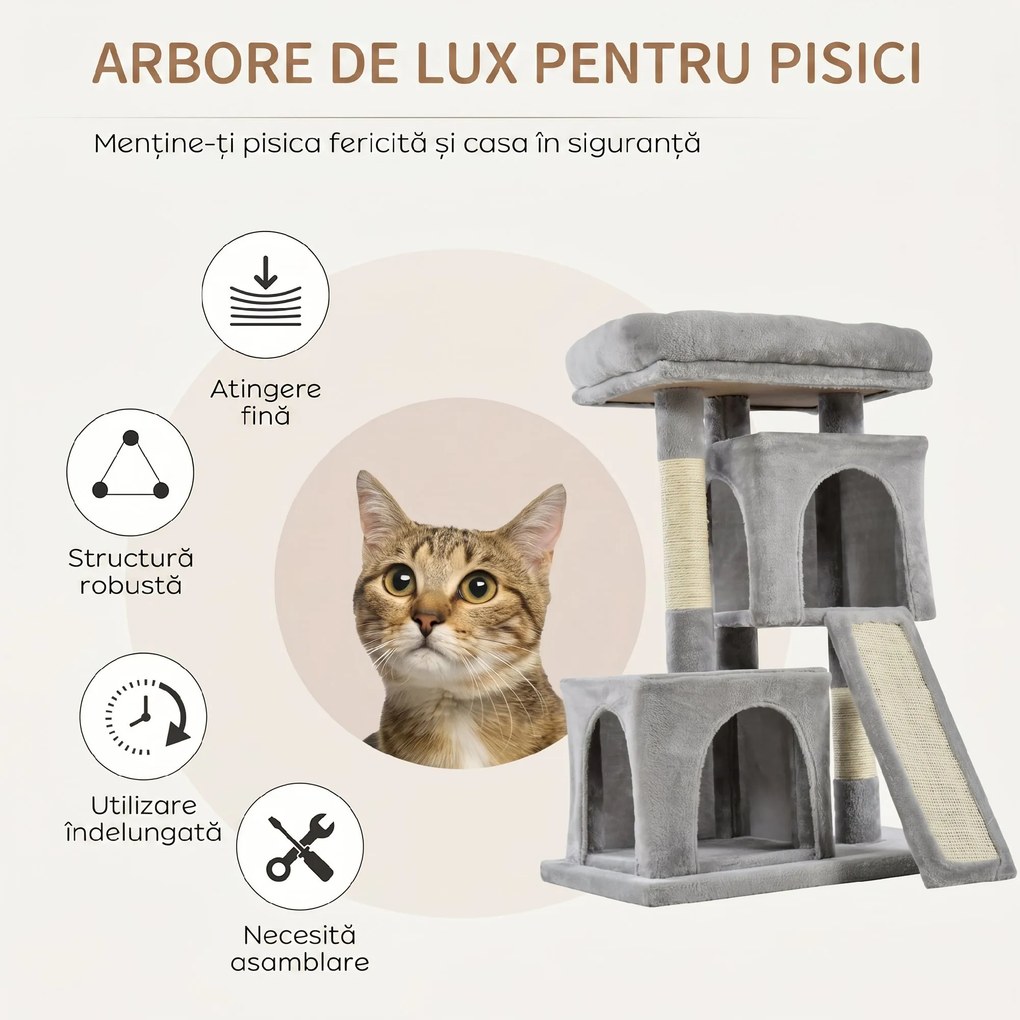 PawHut Ansamblu pentru pisici cu stalpi din sisal, pat si 2 case cu tapiterie de plus, 59x39x83cm, gri | Aosom Romania