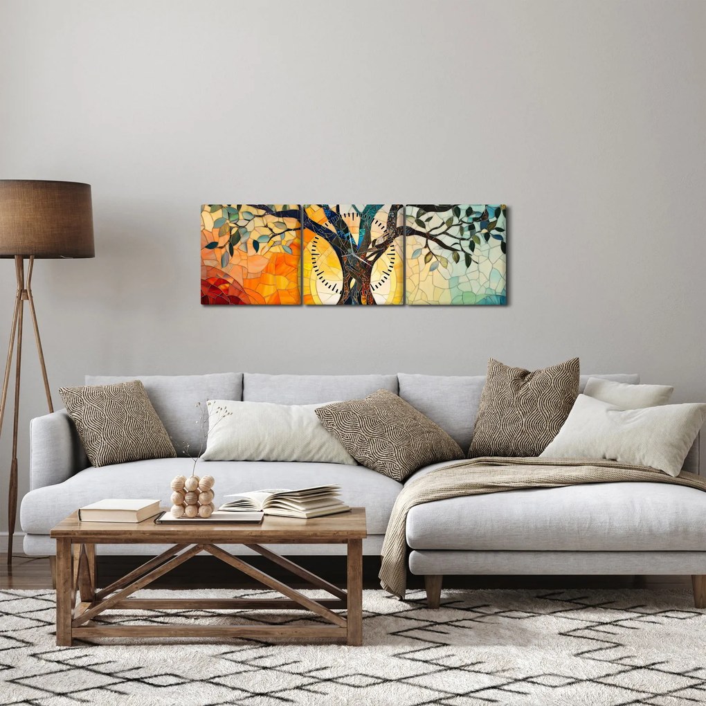 Tablou – Mozaic – soare și arbore I. (cu ceas) (90x30 cm)