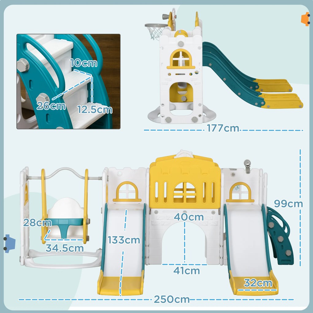 AIYAPLAY Set de tobogane și leagăne pentru copii mici 8 în 1 pentru copii cu vârsta cuprinsă între 1 și 3 ani, 250x177x99 cm, Galben | Aosom Romania