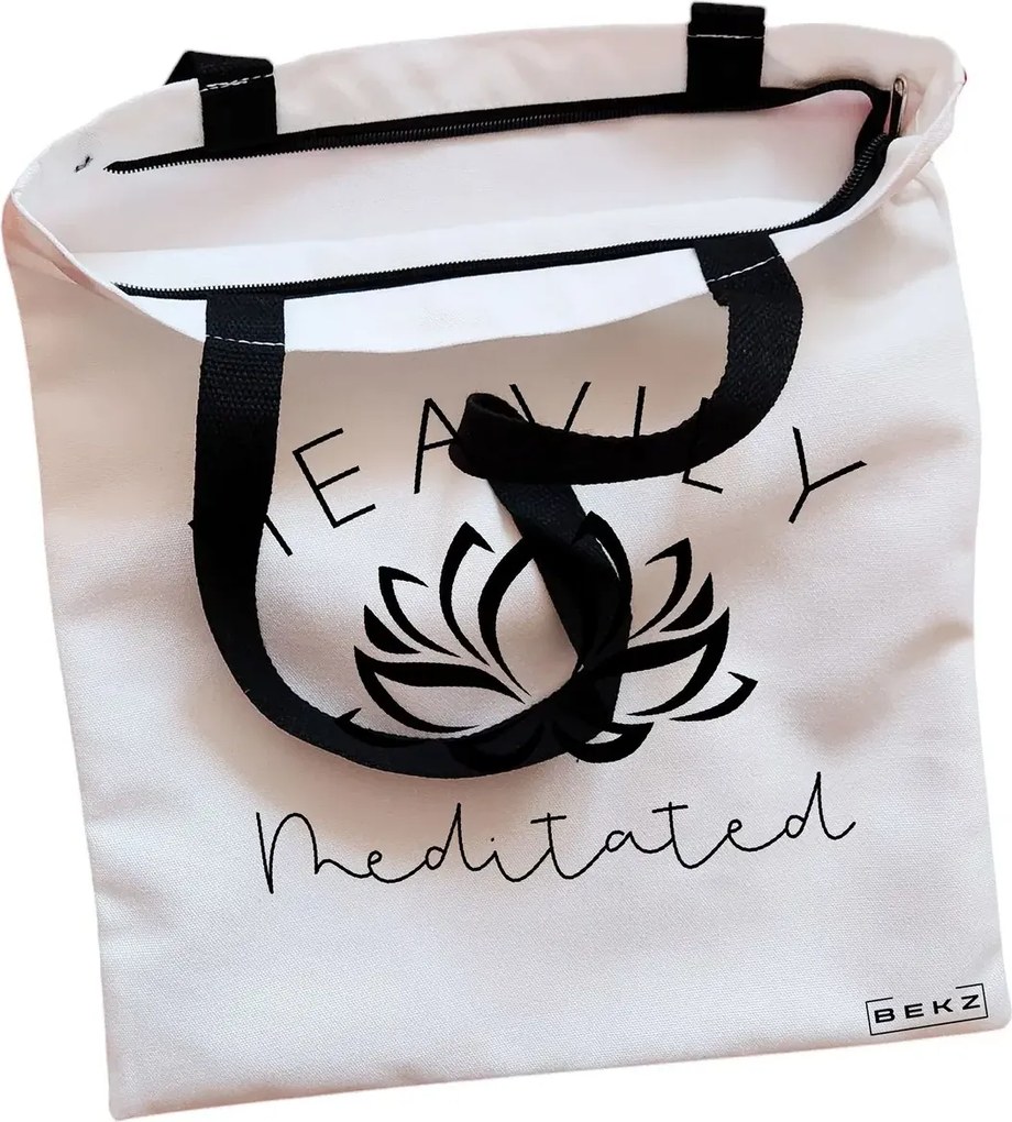 Sacosa de Panza pentru Cumparaturi, Geanta Tote, Yoga Havily Meditated, Cu fermoar, 38x34.5 cm, Alba, BEKZ®