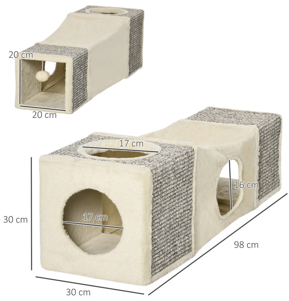 PawHut Tunel Pliabil pentru Pisici cu Căsuțe și Zgârâietori, Jucării cu Minge de Pluș și Sisal, 98x30x30 cm, Alb Crem | Aosom Romania